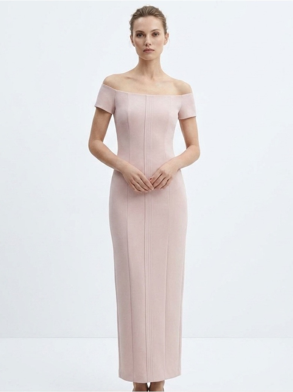 NEW ZARA Off the Shoulder Bodycon Midi Dress XSMALL pale Pink XS